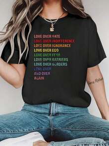 Camiseta Negra para Mujer con Estampado Colorido "Love Over" - Top Casual de Manga Corta, Mezcla de Poliéster Suave, Cuello Redondo, Moda Primavera/Verano, Ropa Casual | Impresión Vibrante | Camiseta de Mujer de Ajuste Cómodo - Negro - Ver 8