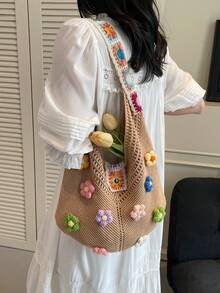 Novo Lançamento de Verão Estilo de Férias Moda Casual Bolsa de Palha, Bolsa de Ombro de Grande Capacidade para Compras de Mulheres - Caqui - Visão 6