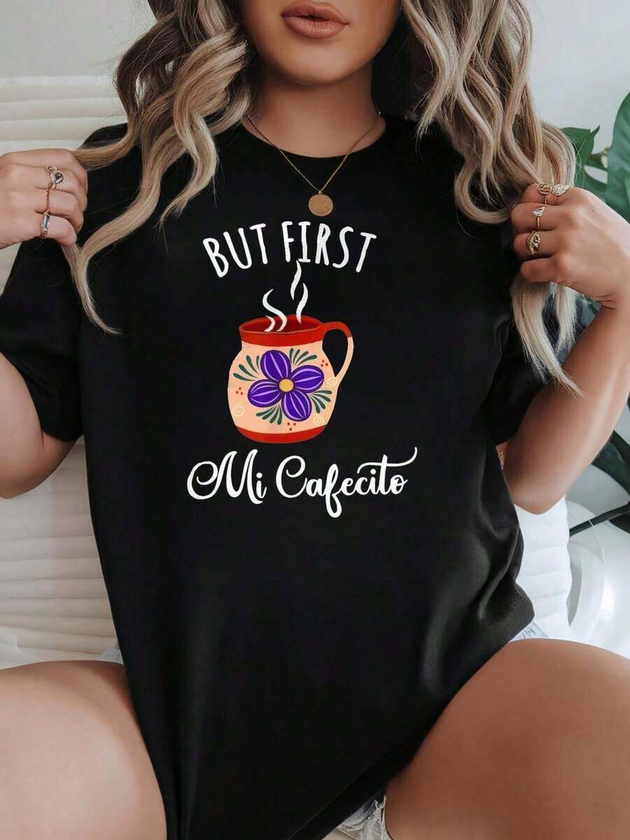 ModaModaCamiseta de Mujer Casual de Corte Holgado Opciones en Blanco y Negro Pero Primero Mi Cafecito Estampado de Taza de Café Camiseta Gráfica Camisetas de Uso Diario Tops de Verano Camisetas Gráficas Conjuntos de Verano Camisetas Cortas de Mujer Tops de Mujer Ropa Vintage de Algodón Linda Ropa de Mujer LindaEstampadaEstampada - Negro - Ver 1
