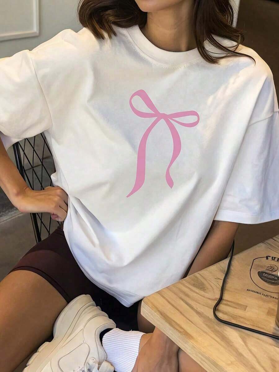 2026 Ropa de Moda Elegante para Mujer, Nueva Camiseta de Verano Fresca de Manga Corta con Diseño de Cuello Redondo y Estampado de Lazo, Estilo Casual y Cómodo, Unisex - Blanco - Ver 1