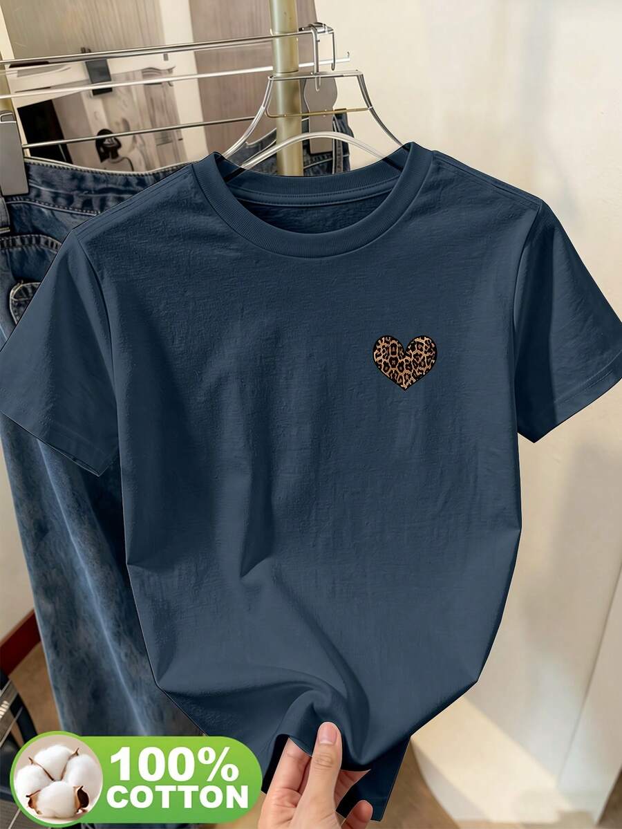 Edición Limitada: Camiseta de Manga Corta con Cuello Redondo y Estampado de Corazones con Diseño de Leopardo, Moderna y Transpirable, para Salidas Diarias, Viajes al Campus, Picnics y Otras Ocasiones 15381 Algodón Ligero - Azul - Ver 1