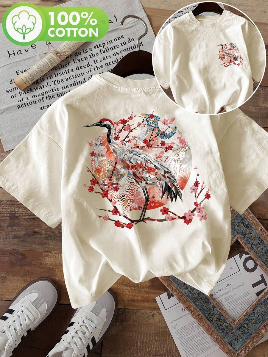 Limited Edition[Double-Sided Print] Summer Casual Women'S Top, Japanese Style Crane And Cherry Blossom Printed Round Neck Short Sleeve-Shirt [ 1]Lightweight Cotton - 杏色 - 查看 1