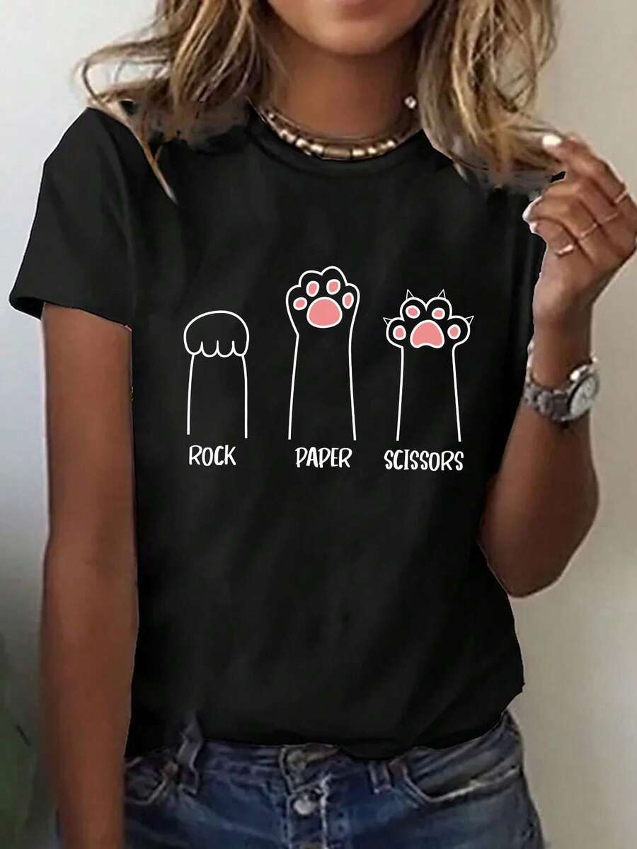 Women's Essential Casual T-Shirt With Cat Letter Print, Short Sleeve And Round Neck | Printed T-Shirt, Round Neck, Slightly Stretchy Fabric, Regular Fit, Geometric Pattern, Soft Cotton For Everyday Summer Wear. - 黑色 - 查看 1