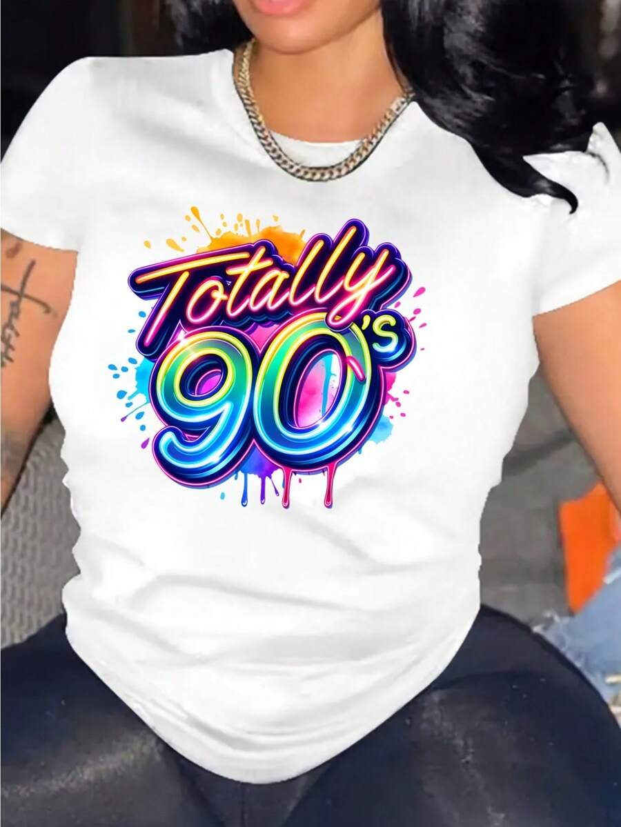 Retro '90s Neon Graphic Tee For Women - Vibrant Splash Design, Short Sleeve Crew Neck, Casual Cotton Top, Machine Washable, Perfect For Summer & Spring - White - View 1