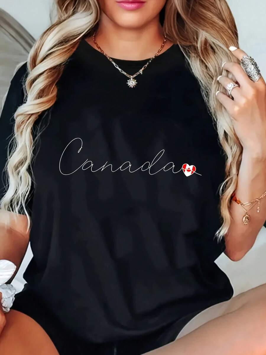 Camiseta de Mujer con Diseño Simple y Estampado Canadiense - Cuello Redondo, Manga Corta, Estilo Casual con Estampado de Hoja de Arce, Elegante y Práctica para el Verano - Negro - Ver 1