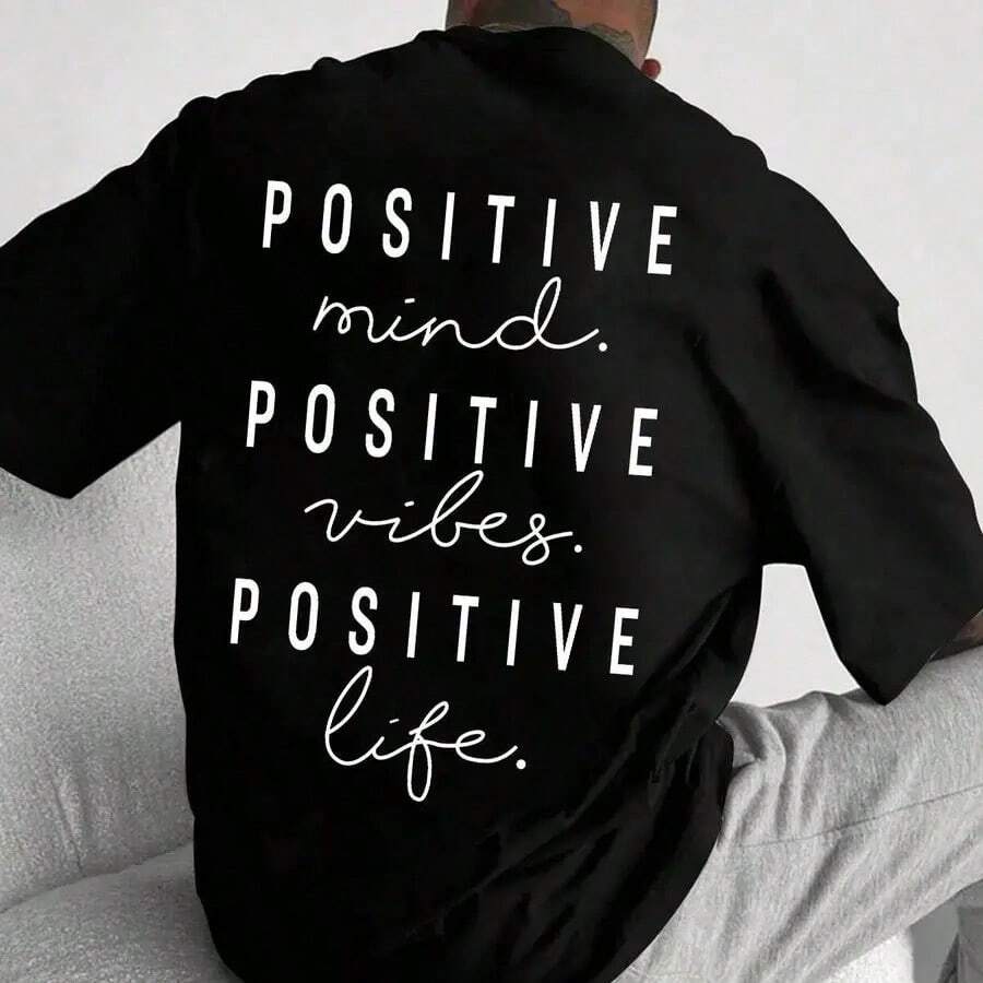 Camiseta unisex para hombres con estampado de letras y hombros caídos, ajuste regular, camiseta casual de manga corta y cuello redondo para el verano, moda de camiseta para uso diario - Negro - Ver 1