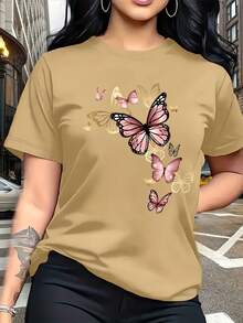 Watercolor Butterfly Print,  Breathable T-Shirt, Perfect For Family Trips, Campus Life, Casual Wear, Daily Commutes, Matching Sister Outfits, Versatile Tee - 黑色 - 查看 6