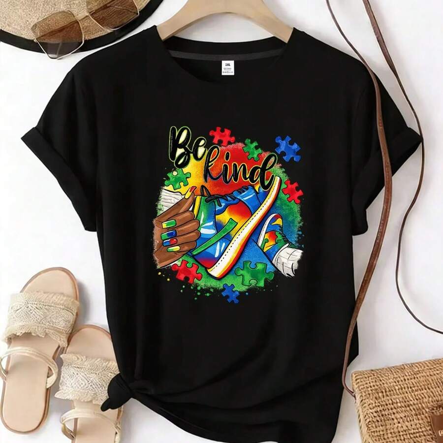 Camiseta versátil de moda urbana de manga corta informal de verano con cuello redondo y estampado de patrones para mujer de talla grande - Negro - Ver 1