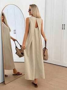 Vestido midi holgado sin mangas con espalda plisada, bajo irregular, silueta en A, tela de crepé texturizada, uso casual, relajado y elegante para la oficina/vacaciones para mujeres, primavera/verano - Albaricoque - Ver 8