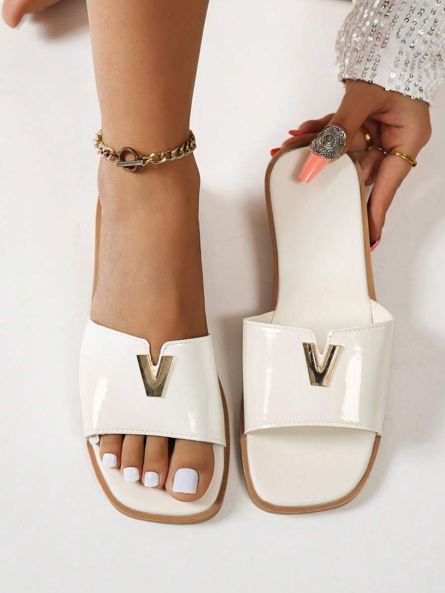 Black Slide Sandals For Women, New Summer Flat Open Toe Slip-On Beach Vacation Elegant Slippers - White - View 1