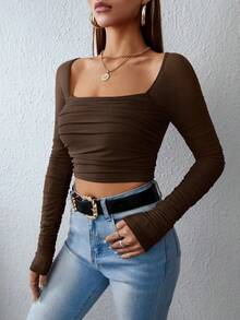 Privé Blusa De Cuello Cuadrado Con Mangas Fruncidas Y Parche De Remiendo Para Mujer - Marrón Chocolate - Ver 5