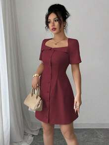 Vestido corto de manga corta con cuello trapezoidal elegante, volantes y botones en la cintura, corte evasé, adecuado para el trabajo, primavera/verano - Granada - Ver 5