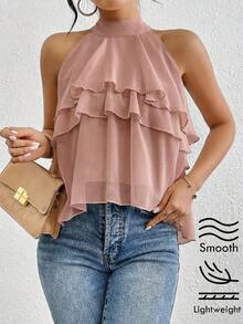 Blusa de gasa con volantes asimétricos y cuello suelto - Rosa vieja - Ver 9
