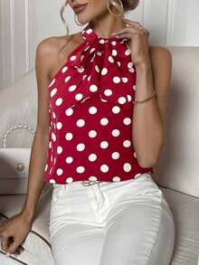 Blusa con estampado de lunares de cuello con cordón - Rojo - Ver 3