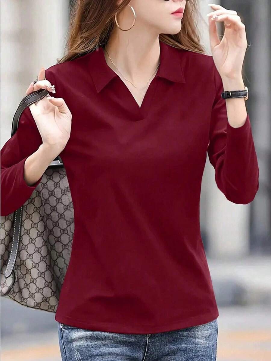 Camiseta casual, versátil, de manga larga y cuello vuelto, de unicolor, para mujer, primavera y verano - Rojo - Ver 1