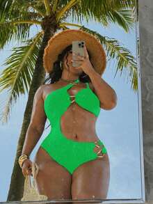 Traje de baño de una pieza de punto marrón sólido talla grande para mujer, diseño casual con cuello oblicuo y tirantes, adecuado para vacaciones - Verde - Ver 4