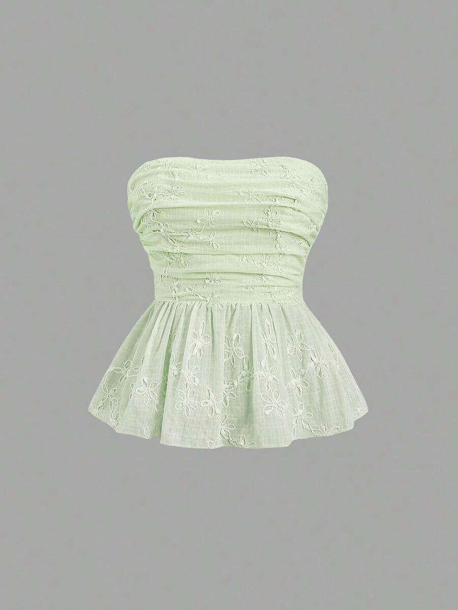 Top tubo con fruncido bordado para mujer, conjunto de estilo Y2K - Verde - Ver 1