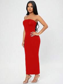 Vestido tubo con abertura trasera - Rojo - Ver 5