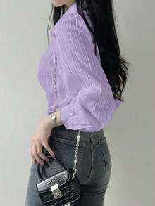 Blusa suelta de unicolor con cuello vuelto y pliegues para mujer, color morado, para primavera/verano/otoño, ropa de mujer de manga larga - Púrpura malva - Ver 2