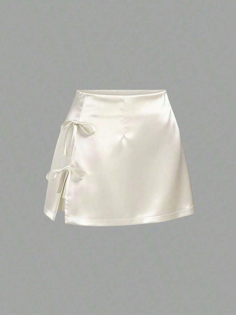 Minifalda de satén rosa con abertura y lazo, estilo A-line, sexy, adecuada para uso diario - Albaricoque - Ver 1