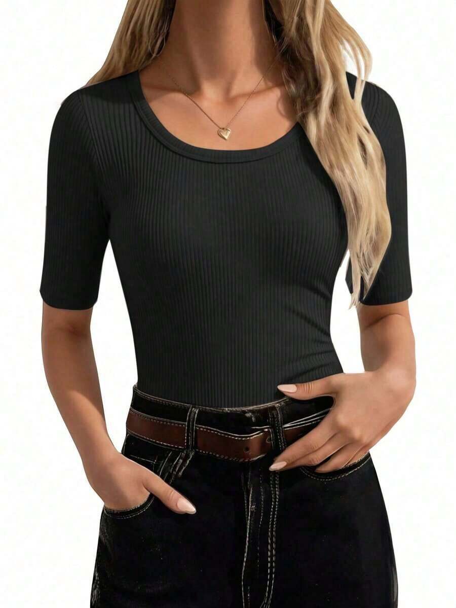 Selamara 3 piezas Camisetas casuales de mujer de unicolor, cuello redondo, manga corta y ajustadas con costillas - Negro - Ver 1