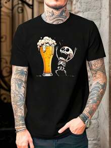 Vintage Black Short-Sleeved T-Shirt Plus Size For Men With Large Skull And Beer Print, Summer Tops, Manfinity Men's. - Black - View 1