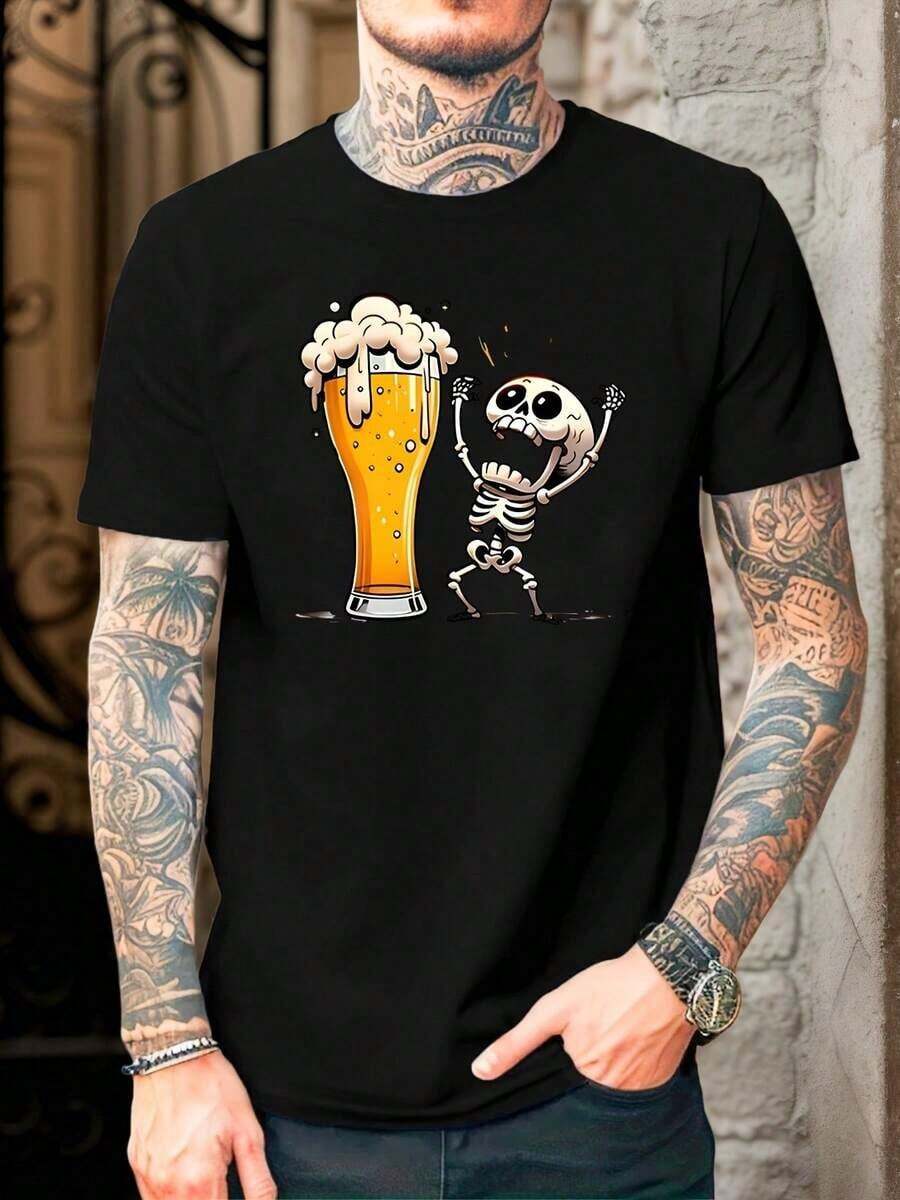 Vintage Black Short-Sleeved T-Shirt Plus Size For Men With Large Skull And Beer Print, Summer Tops, Manfinity Men's. - Black - View 1
