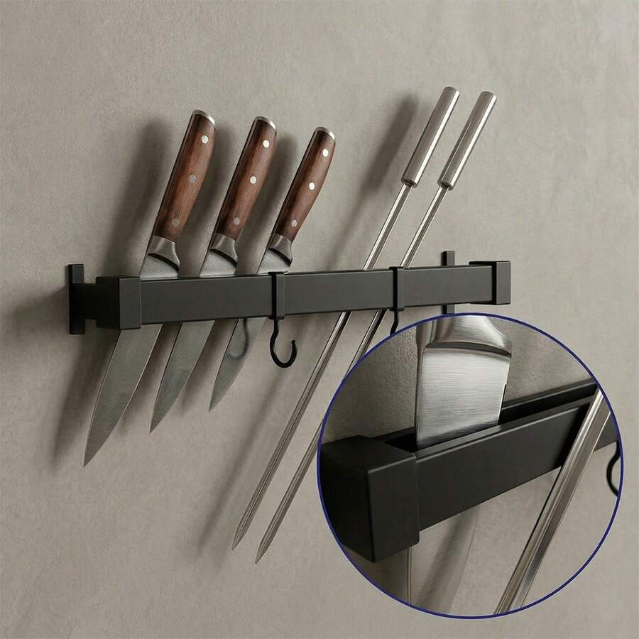 Skewers/Knives/Grills/Utensils Holder With 2 Movable Hooks 24cm For Kitchens, Barbecue Areas, Gourmet Areas - Practical Organizer - 黑色 - 查看 1