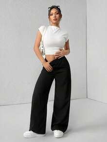 Pantalones de pierna de campana con cintura alta, elásticos y acanalados para mujeres - Negro - Ver 8