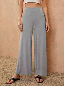 Pantalones casuales de mujer de cintura alta, sueltos, de unicolor y de pierna ancha - Gris Claro - Ver 1