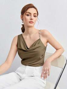 Top de tirantes con diseño asimétrico, decoración de metal y drapeado para mujer.Diseño minimalista, elegante y de moda para uso casual en el trabajo, apto para maestras, oficina, bodas y conciertos. - Verde militar - Ver 8