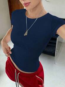 Camiseta de mujer de moda holgada de manga corta con cuello redondo para verano - Azul marino 2 - Ver 4