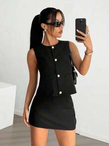 Conjunto casual de 2 piezas de chaleco de un solo pecho y falda de unicolor para mujer - Negro - Ver 5