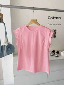 Camiseta de mujer de manga corta y corte regular en color amarillo con diseño clásico y estilo de murciélago, top de algodón amarillo sólido para verano - Rosa - Ver 3