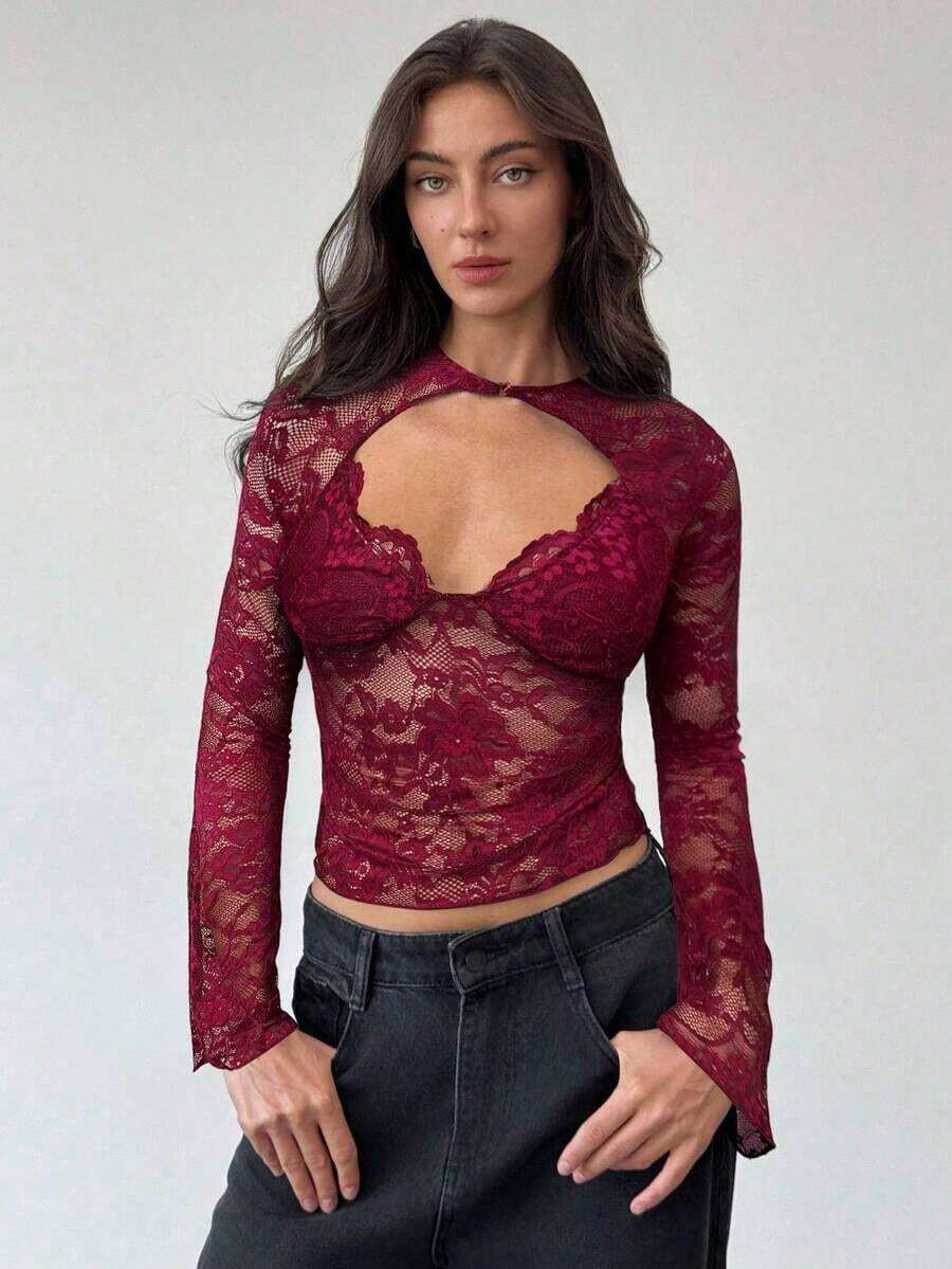 Blusa de manga larga con cuello en V profundo, transparente y con detalles de encaje negro para mujeres - Burdeos - Ver 1