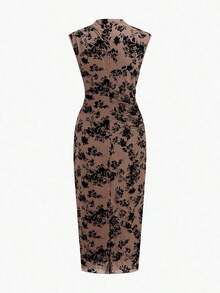 Vestido elegante de longitud media con pliegues y estampado de lunares para mujer - Marrón - Ver 2