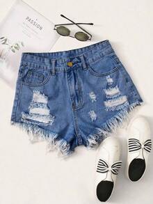 Shorts mezclilla rotos bajo crudo - Azul lavado oscuro - Ver 1