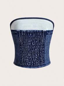 Top sin tirantes con efecto de denim, tela tejida estampada - Azul marino - Ver 2