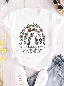 Limited Time Offer, Limited Quantities, Flash ! Women's Casual Shirts, Women's Polyester T-Shirts, Elegant Shirts. Fashionable Short-Sleeved Crew Neck T-Shirt With Floral Lettering And A Round Neck. - 白色 - 查看 9