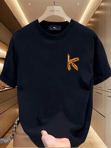 Camiseta de manga corta estampada a la moda para hombre, de algodón puro de peso pesado para verano, estilo coreano y japonés, prenda masculina versátil. - Negro - Ver 2