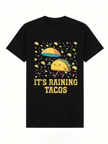 Women's Soft And Casual Short-Sleeved Crew Neck T-Shirt With A Fun Graphic Print Of Tacos In The Rain, Suitable For Everyday Casual Wear. White. - 黑色 - 查看 2