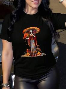 Camiseta de algodón  deportes de ocio Skull and Flower Design Cuello redondo Comics Corto ajuste suelto de talla grande para mujeres transpirable y cómodo S-XL código  para Semana Santa, Halloween, Acción de Gracias y más Mujer casual estampado Catrina suelto cuello redondo manga corta primavera verano para uso diario camiseta 100% algodón, estilo Y2K Bababask - Negro - Ver 6