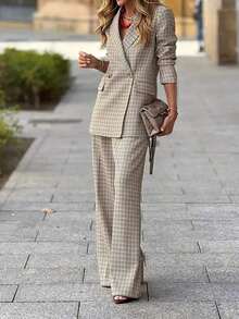 Conjunto de traje a cuadros ligero para mujer, chaqueta y pantalón de pierna ancha a medida, elegante y de moda, conjunto de 2 piezas para oficina en primavera - Café integral - Ver 4