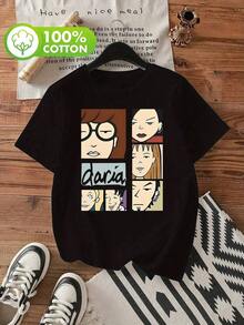 Suave Camiseta Negra Casual Unisex Vintage Gráfica Daria Estampado Urbano Diseño Original para Jóvenes y Adultos Tallas S-3XL Moda Callejera Popular, blusas para mujer>camisa - Negro - Ver 1