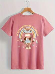 Plus Size - Plus Size - Cartoon Pill Bottle Design T-Shirt With Rainbow Letter Slogan, Casual Short Sleeve Crew Neck Top For Summer And Spring, Plus Size Women's Clothing - Rose - View 1
