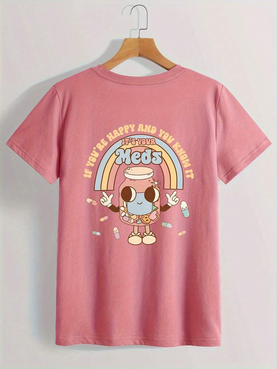 Plus Size - Plus Size - Cartoon Pill Bottle Design T-Shirt With Rainbow Letter Slogan, Casual Short Sleeve Crew Neck Top For Summer And Spring, Plus Size Women's Clothing - Rose - View 1