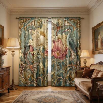 2 PIEZAS Cortinas de arte de pintura al óleo, con estampado de flores, pájaros y libélulas, cortinas filtrantes, adecuadas para dormitorio, sala de estar, oficina y decoración del hogar, diseño de bolsillo para barra, adecuadas para todo el año, cortinas decorativas versátiles