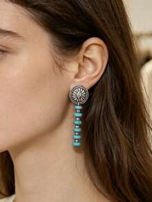 1 Pair Bohemian Style Sunflower Earrings, Long Synthetic Turquoise Beaded Earrings - Silver - View 3