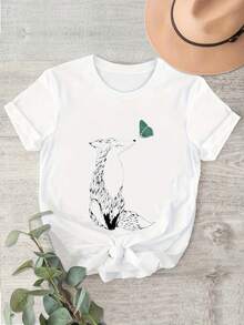Fox Butterfly - Women's Plus Size Fashion Casual T-Shirt With Elegant And Simple Print, Round Neck, Short Sleeve And Comfortable - A Very Distinctive Printed T-Shirt / Unisex Style / Suitable For Both Men And Women / Wrinkle Resistant / Breathable - 白色 - 查看 1