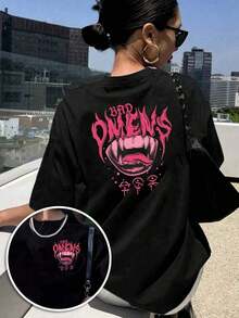 Camiseta de manga corta con estampado a doble cara, , Camiseta casual de moda para mujer, Top casual de manga corta con cuello redondo, Verano y Primavera, Ropa de mujer - Camiseta vintage de estilo callejero unisex, holgada, de algodón, de manga corta y cuello redondo. - Negro - Ver 1